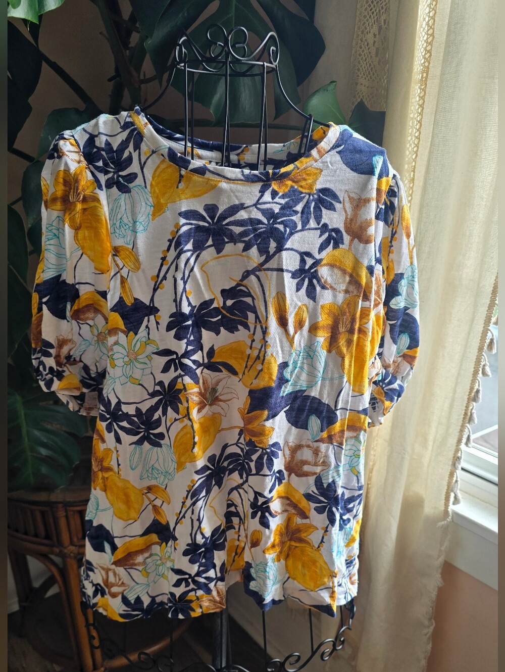 Chico’s Yellow Navy Botanical Floral Slub Knit Smocked Puff Sleeve Top XL